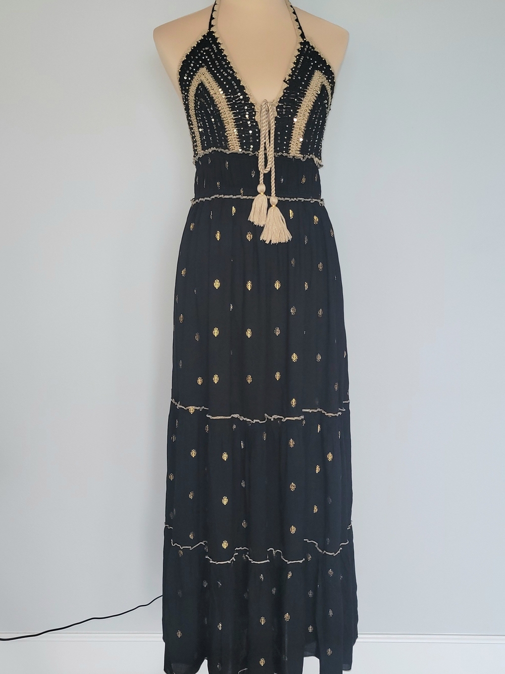 NWT Crochet Boho Coquette Bohemian Black Gold Tiered Maxi Dress Sz Large/XL - Picture 2 of 16